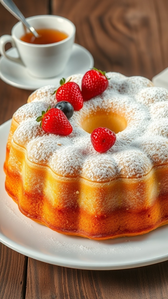 Vanilla Yogurt Cake Recipe A golden vanilla yogurt cake dusted with powdered sugar and topped with fresh berries on a rustic table.